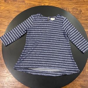 Melloday blue/black/white blouse. 3/4 sleeves. Size: medium